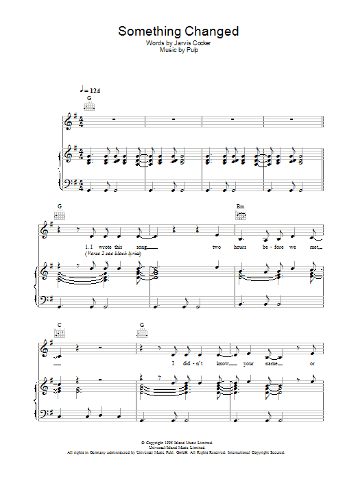Pulp Something Changed sheet music notes and chords arranged for Piano, Vocal & Guitar Chords