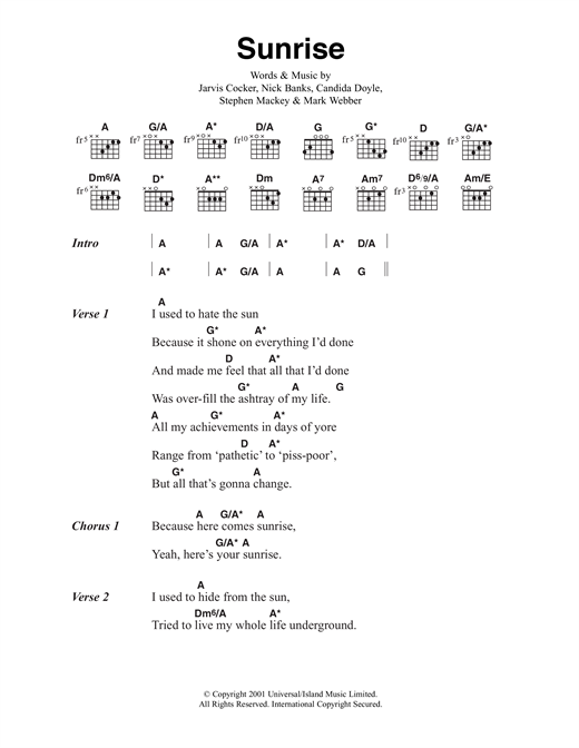 Pulp Sunrise sheet music notes and chords arranged for Guitar Chords/Lyrics