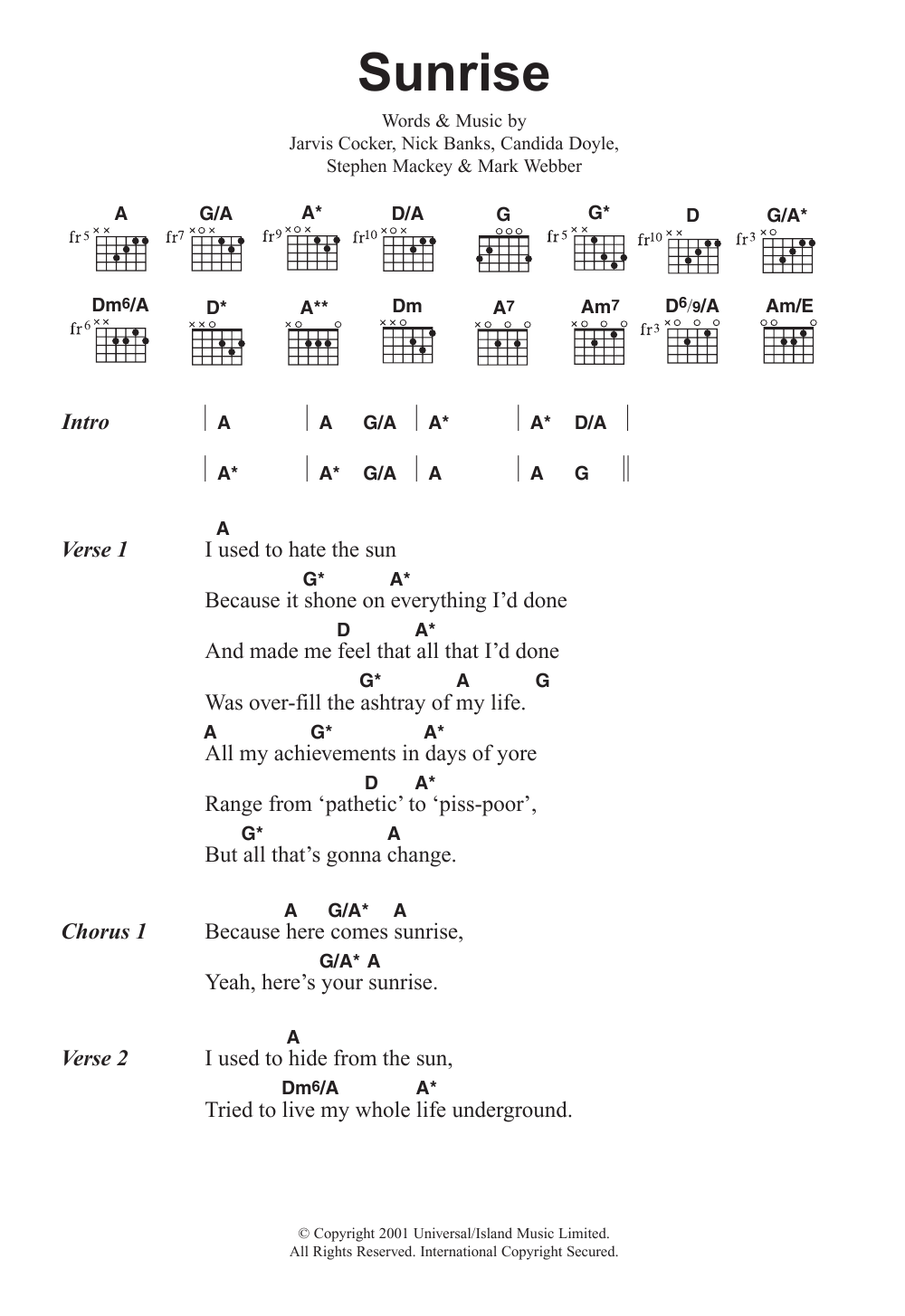 Pulp Sunrise sheet music notes and chords arranged for Guitar Chords/Lyrics