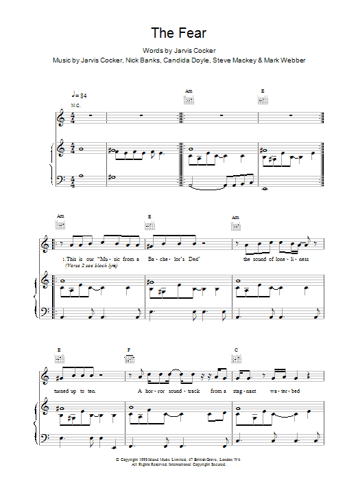 Pulp The Fear sheet music notes and chords arranged for Piano, Vocal & Guitar Chords