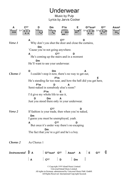 Pulp Underwear sheet music notes and chords arranged for Guitar Chords/Lyrics
