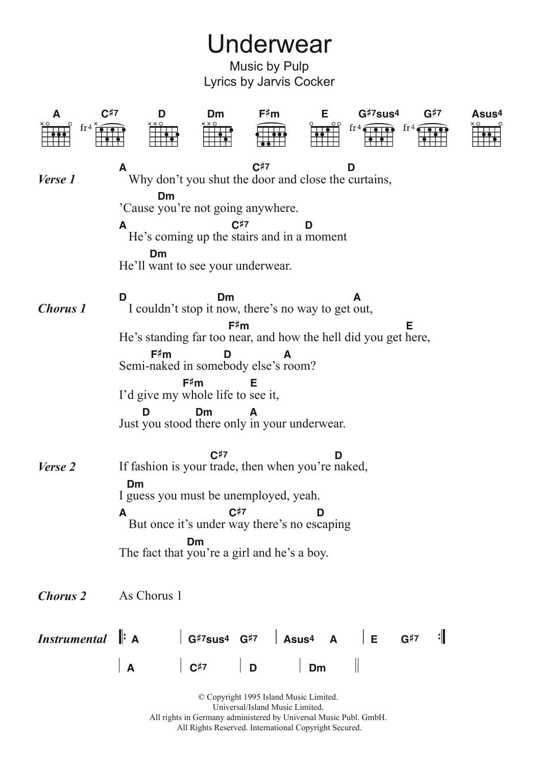 Pulp Underwear sheet music notes and chords arranged for Guitar Chords/Lyrics