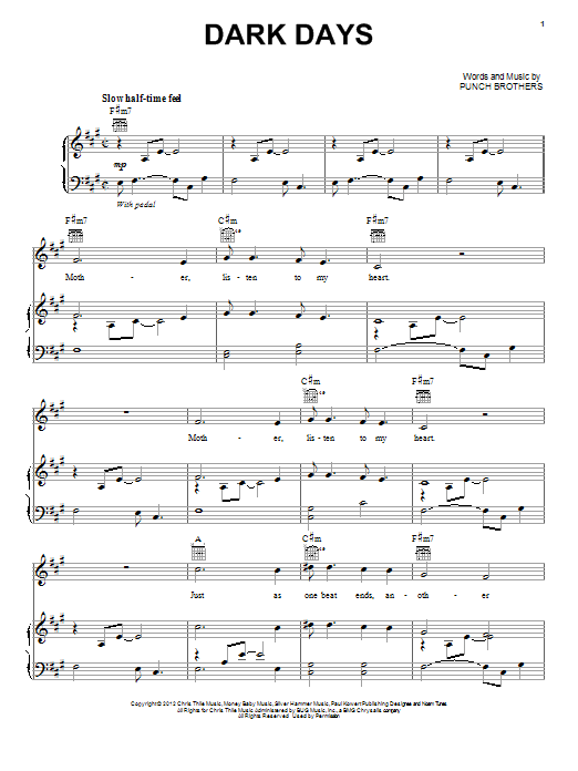 Punch Brothers Dark Days sheet music notes and chords arranged for Piano, Vocal & Guitar Chords (Right-Hand Melody)