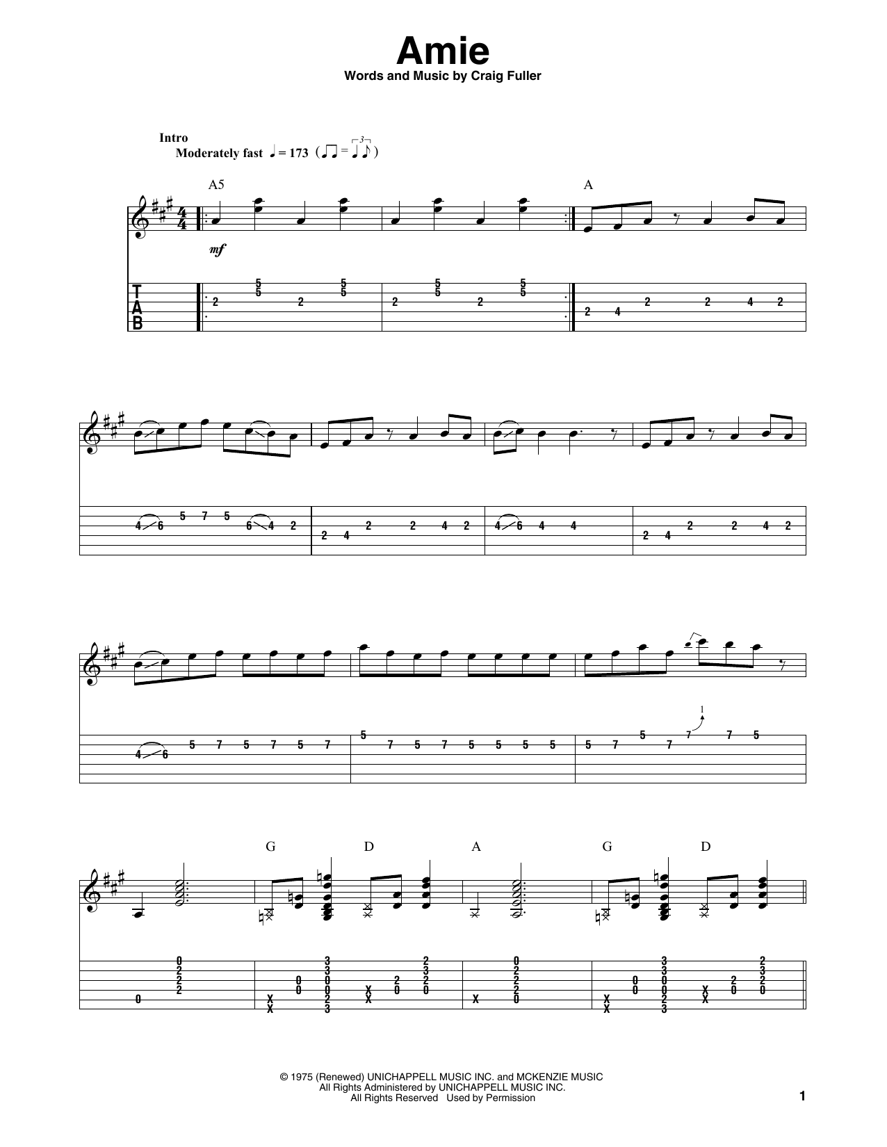 Pure Prairie League Amie sheet music notes and chords arranged for Guitar Lead Sheet