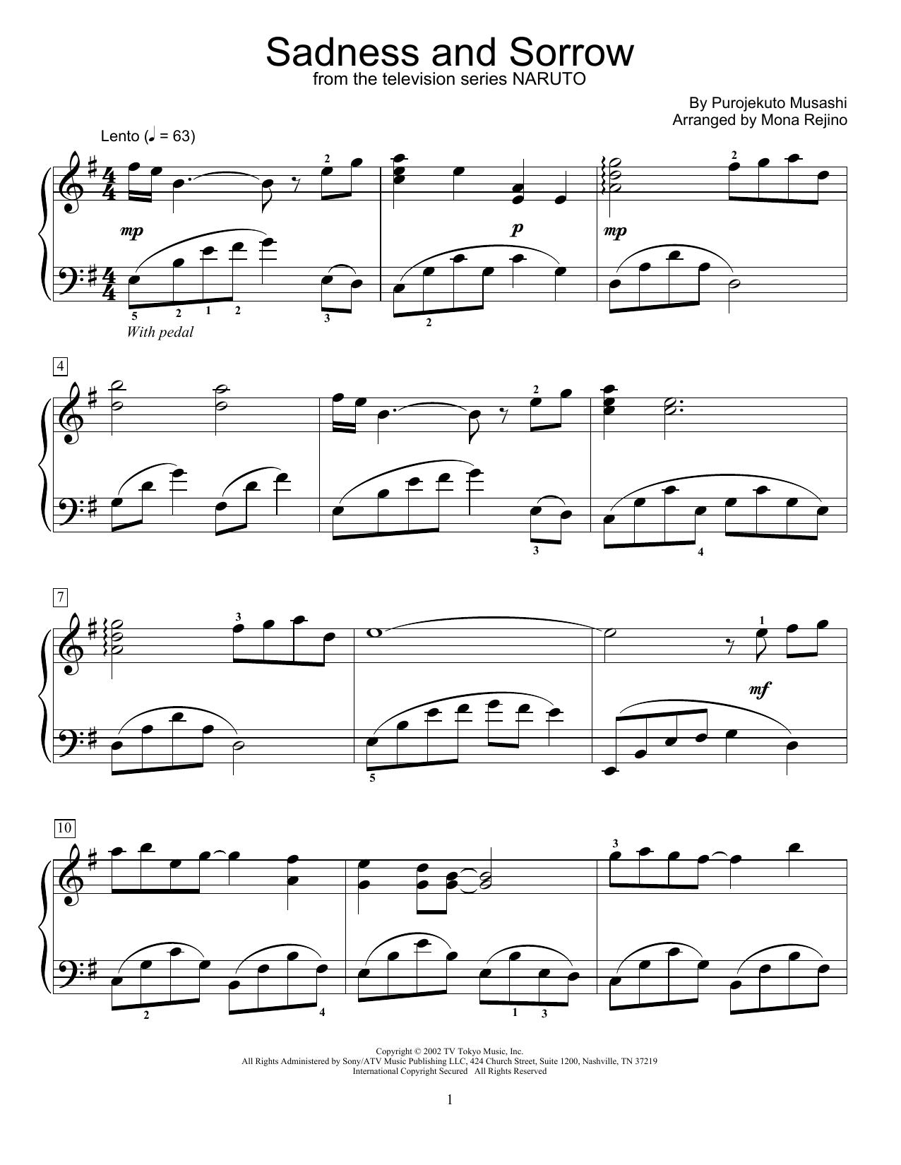 Purojekuto Musashi Sadness And Sorrow (from Naruto) (arr. Mona Rejino) sheet music notes and chords arranged for Educational Piano