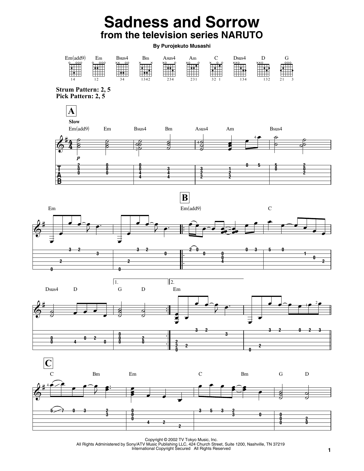 Purojekuto Musashi Sadness And Sorrow (from Naruto) sheet music notes and chords arranged for Easy Guitar Tab