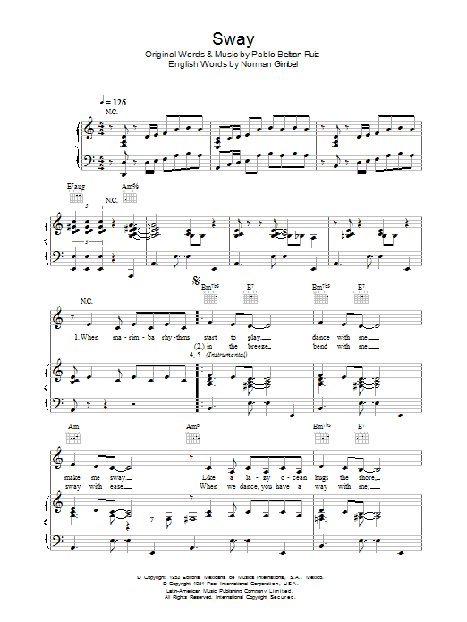 Pussycat Dolls Sway (Quien Sera) sheet music notes and chords arranged for Piano, Vocal & Guitar Chords (Right-Hand Melody)