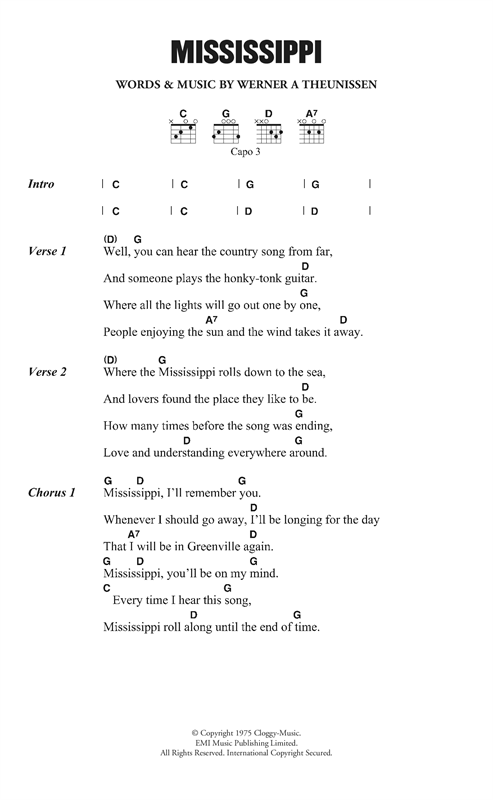 Pussycat Mississippi sheet music notes and chords arranged for Guitar Chords/Lyrics