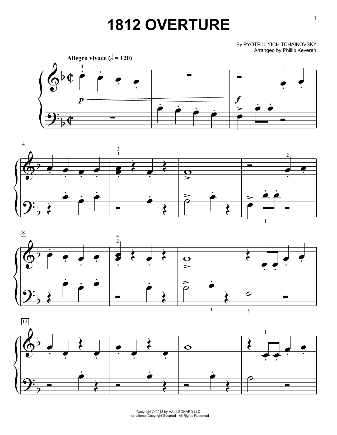 Pyotr Il'yich Tchaikovsky 1812 Overture (arr. Phillip Keveren) sheet music notes and chords arranged for Big Note Piano