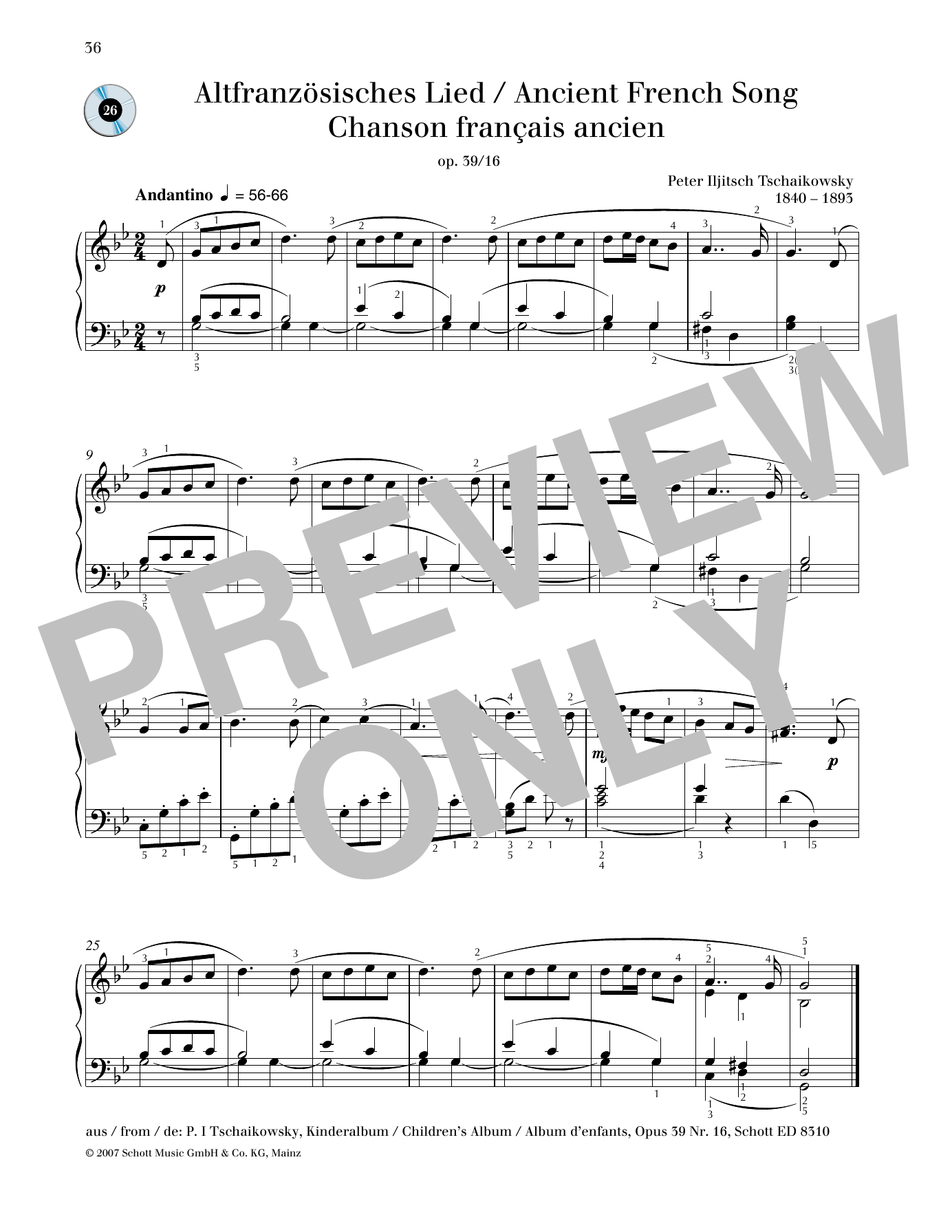 Pyotr Il'yich Tchaikovsky Ancient French Song sheet music notes and chords arranged for Piano Solo