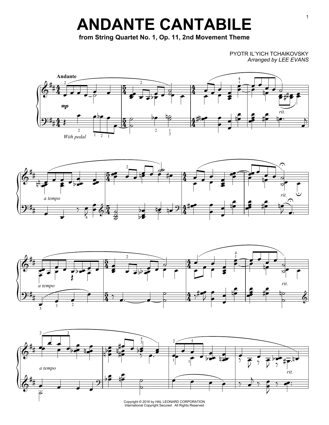 Pyotr Il'yich Tchaikovsky Andante Cantabile (arr. Lee Evans) sheet music notes and chords arranged for Piano Solo