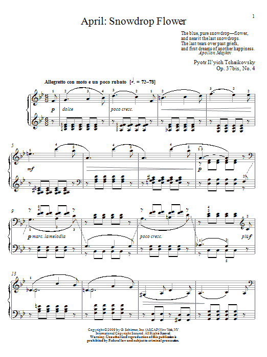 Pyotr Il'yich Tchaikovsky April: Snowdrop Flower sheet music notes and chords arranged for Piano Solo