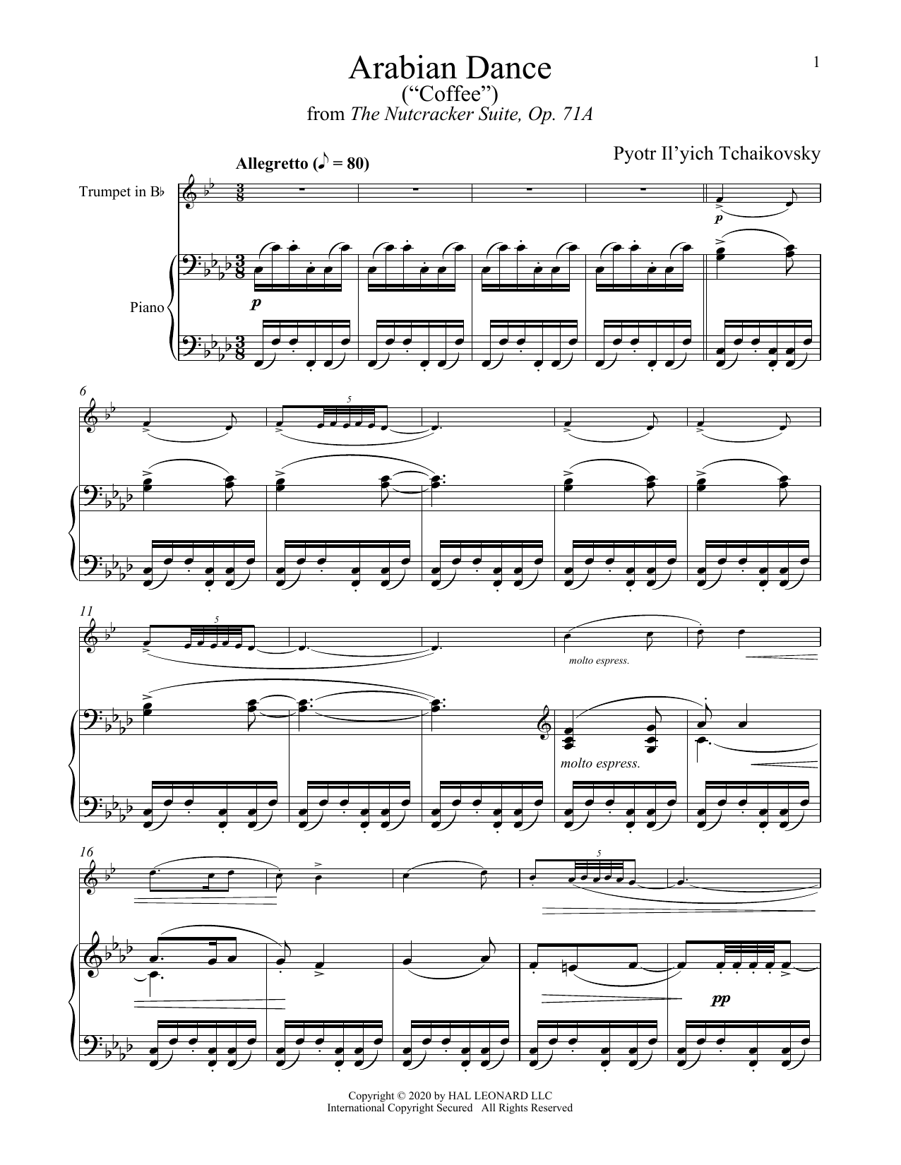 Pyotr Il'yich Tchaikovsky Arabian Dance (Coffee), Op. 71a (from The Nutcracker) sheet music notes and chords arranged for Flute and Piano