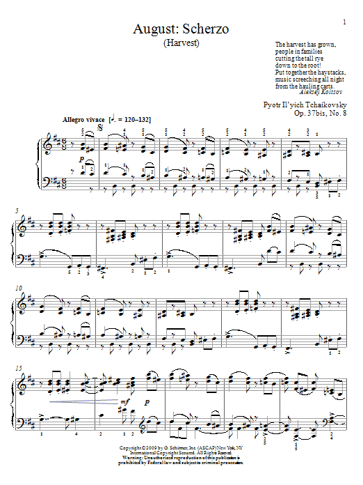 Pyotr Il'yich Tchaikovsky August: Scherzo (Harvest) sheet music notes and chords arranged for Piano Solo