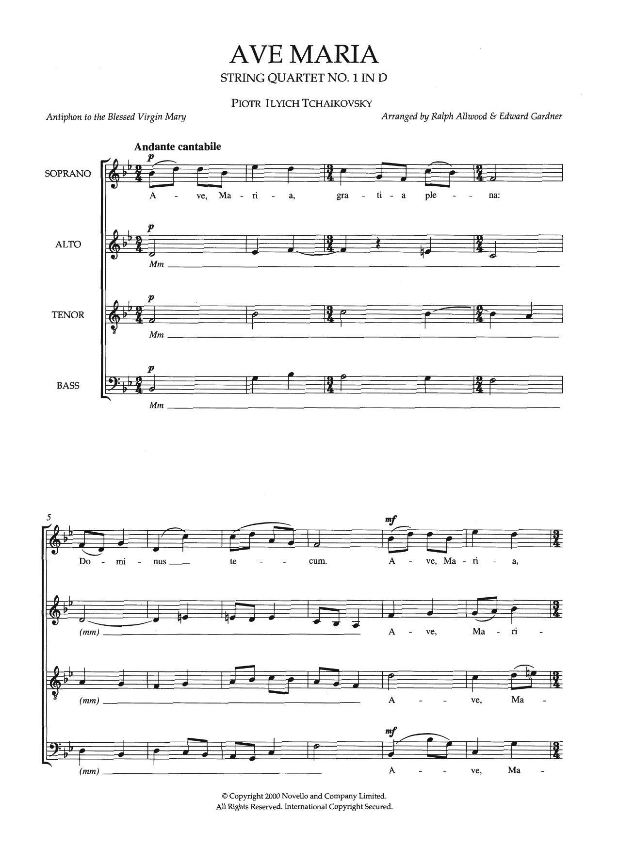 Pyotr Il'yich Tchaikovsky Ave Maria (String Quartet No.1 In D) (arr. Ralph Allwood and Edward Gardner) sheet music notes and chords arranged for Choir