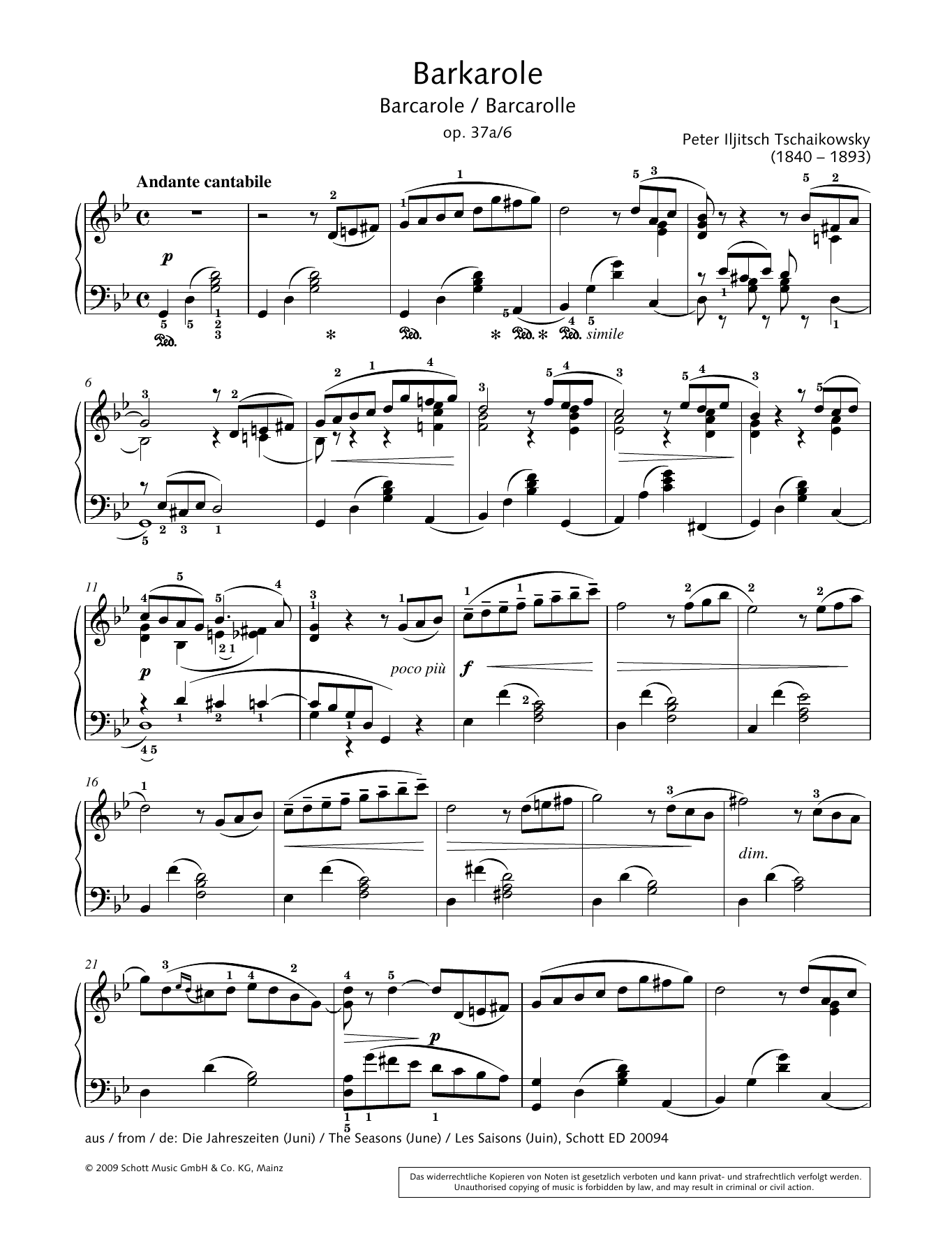 Pyotr Il'yich Tchaikovsky Barcarole sheet music notes and chords arranged for Piano Solo