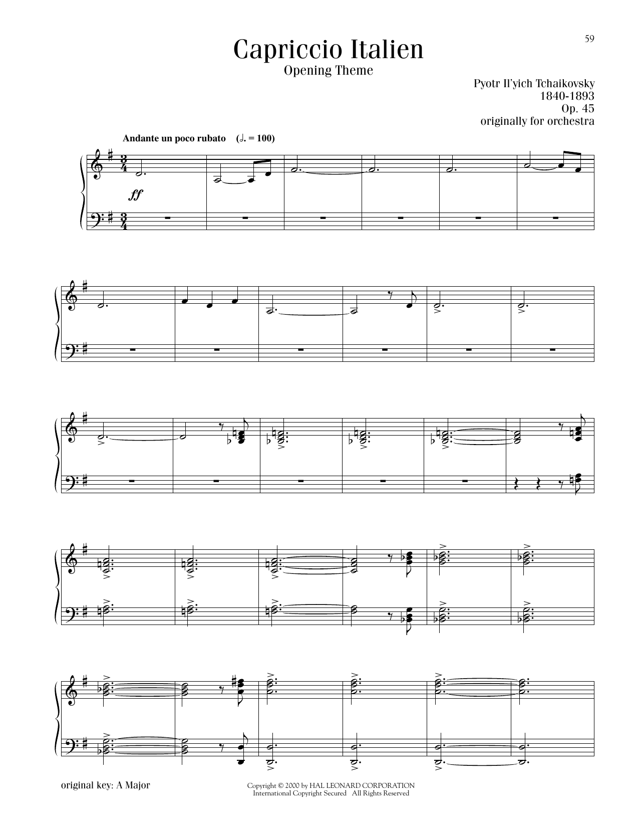 Pyotr Il'yich Tchaikovsky Capriccio Italien, OP. 45 sheet music notes and chords arranged for Piano Solo