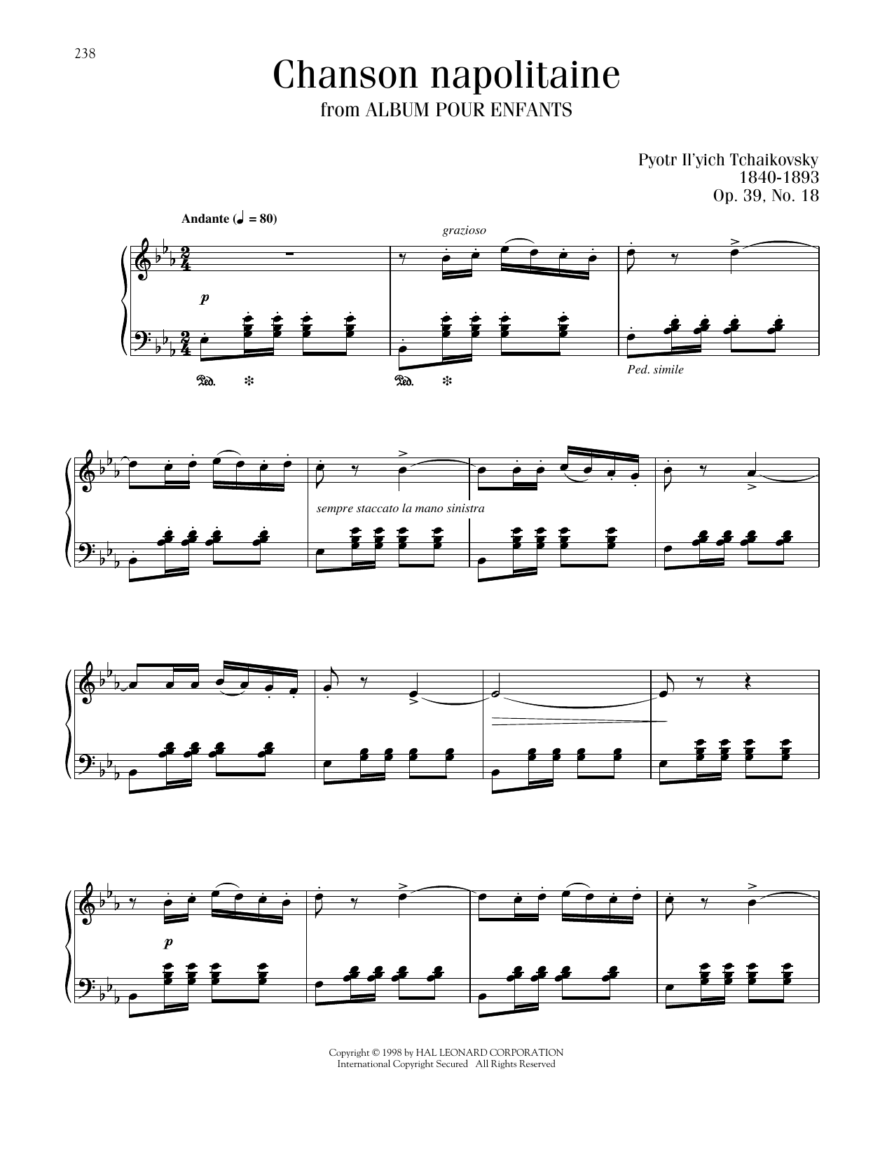 Pyotr Il'yich Tchaikovsky Chanson Napolitaine sheet music notes and chords arranged for Piano Solo