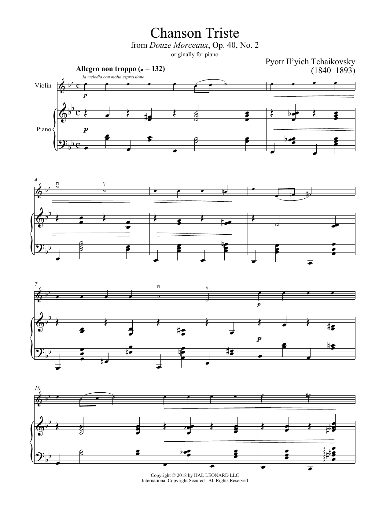 Pyotr Il'yich Tchaikovsky Chanson Triste, Op. 40, No. 2 sheet music notes and chords arranged for Violin and Piano