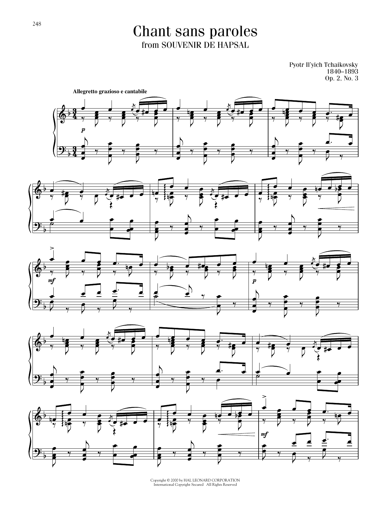 Pyotr Il'yich Tchaikovsky Chant Sans Paroles, Op. 2, No. 3 sheet music notes and chords arranged for Piano Solo