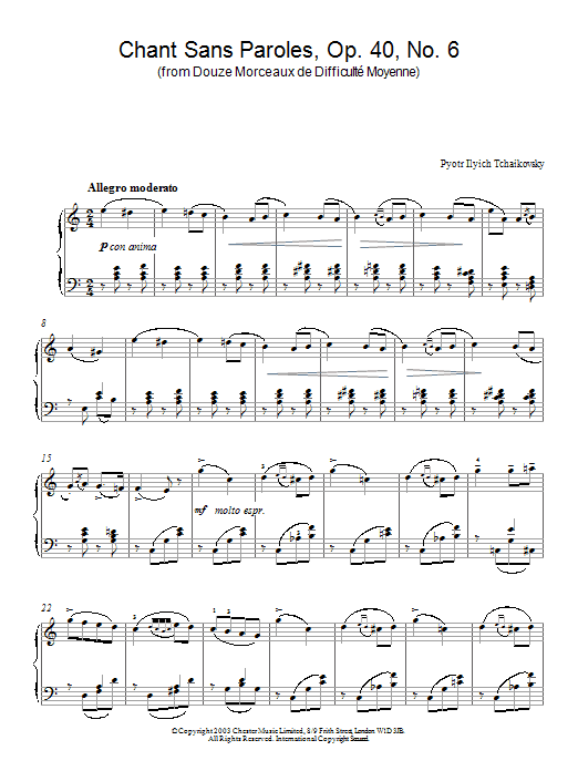 Pyotr Il'yich Tchaikovsky Chant Sans Paroles, Op. 40, No. 6 (from Douze Morceaux de Difficult Moyenne) sheet music notes and chords arranged for Piano Solo