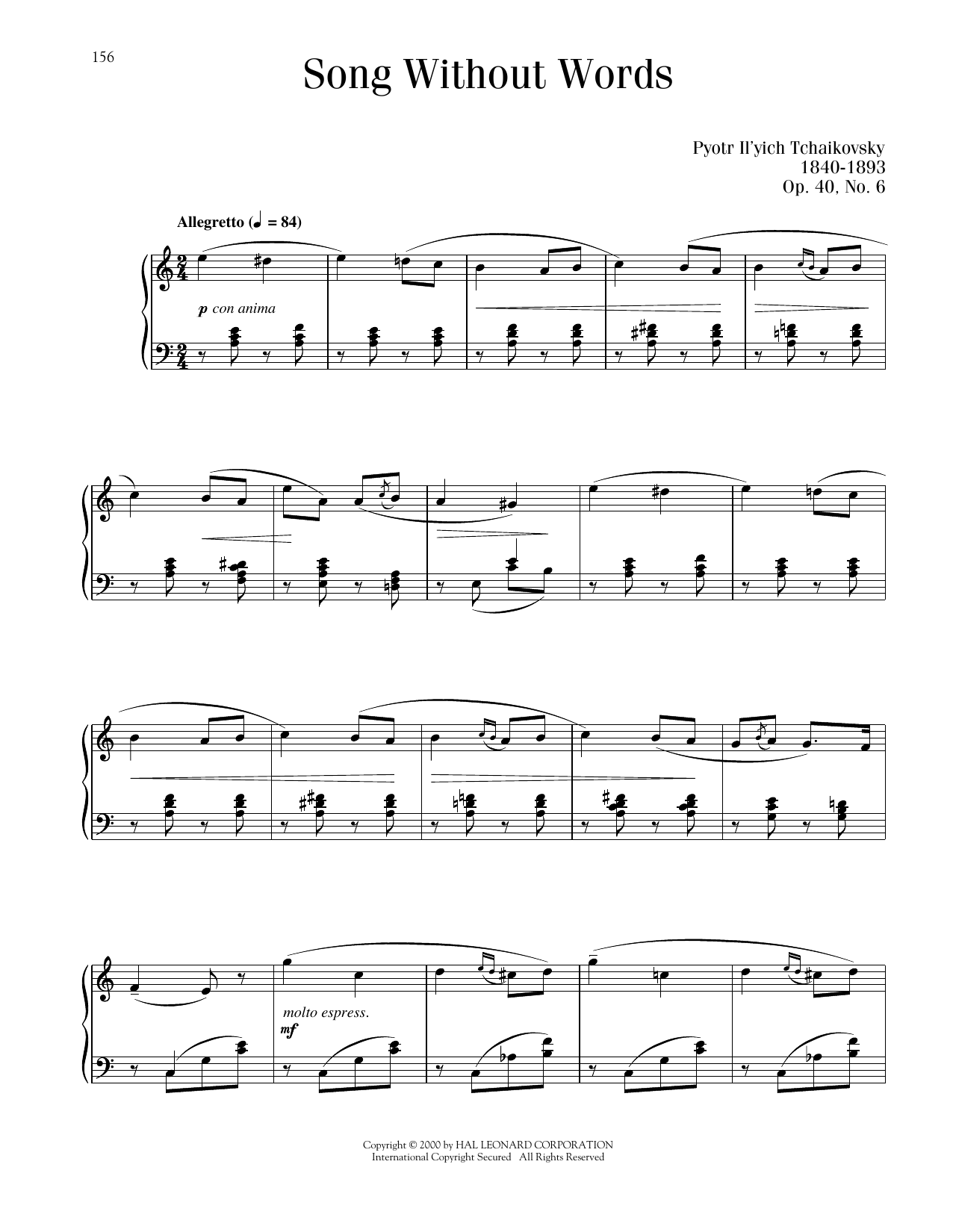 Pyotr Il'yich Tchaikovsky Chant Sans Paroles, Op. 40, No. 6 sheet music notes and chords arranged for Piano Solo