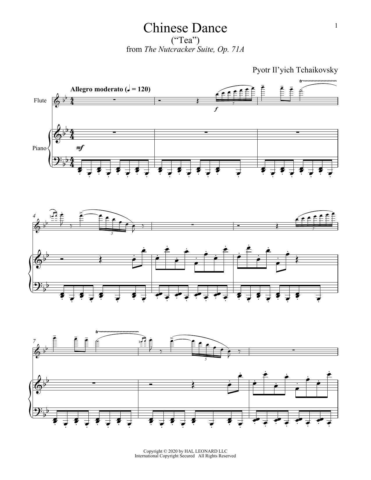 Pyotr Il'yich Tchaikovsky Chinese Dance (Tea), Op. 71a (from The Nutcracker) sheet music notes and chords arranged for Flute and Piano
