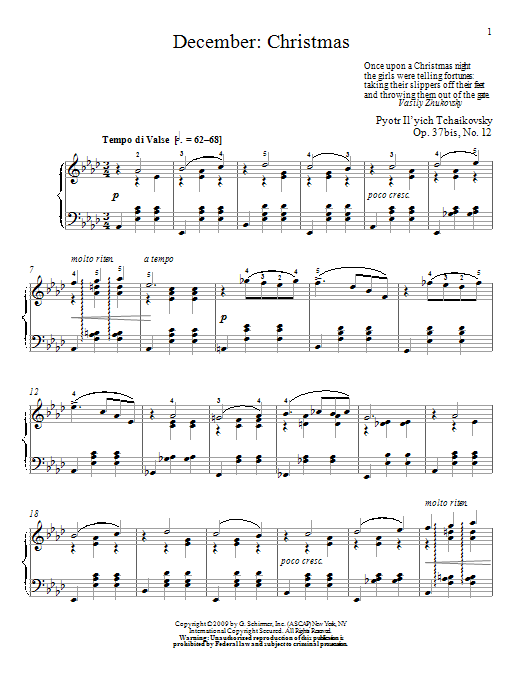 Pyotr Il'yich Tchaikovsky December: Christmas sheet music notes and chords arranged for Piano Solo