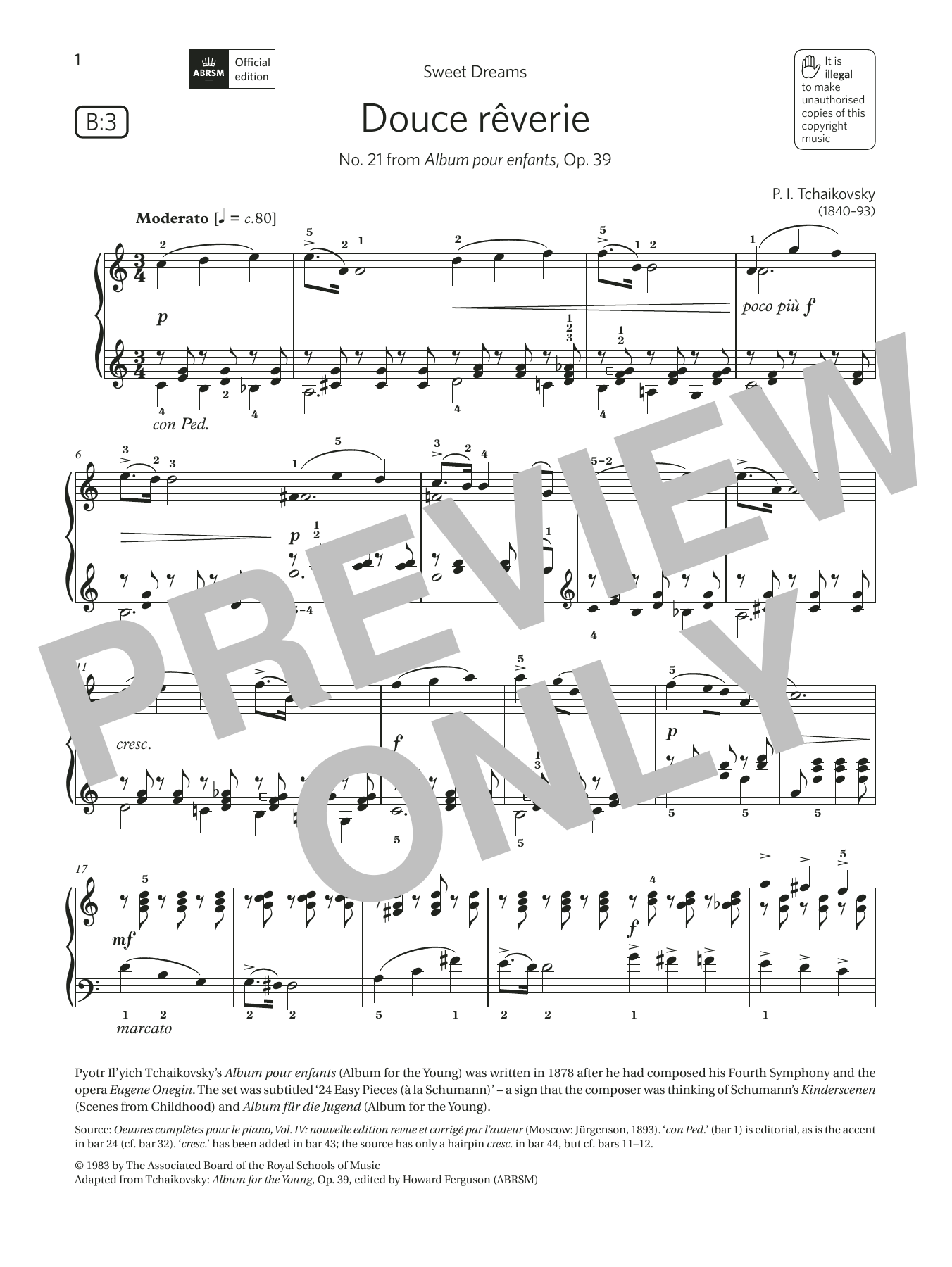 Pyotr Il'yich Tchaikovsky Douce rêverie (Grade 5, list B3, from the ABRSM Piano Syllabus 2021 & 2022) sheet music notes and chords arranged for Piano Solo