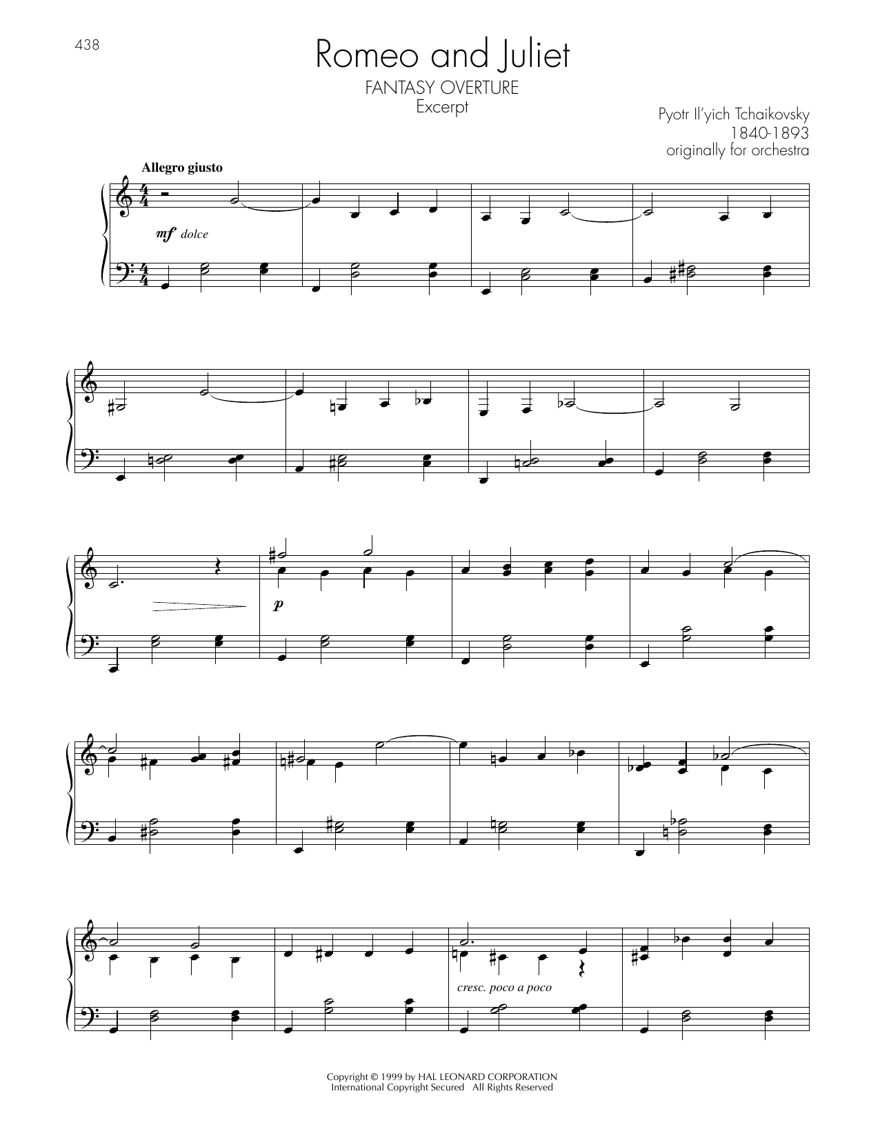 Pyotr Il'yich Tchaikovsky Fantasy Overture Excerpt sheet music notes and chords arranged for Piano Solo
