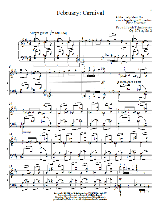 Pyotr Il'yich Tchaikovsky February: Carnival sheet music notes and chords arranged for Piano Solo
