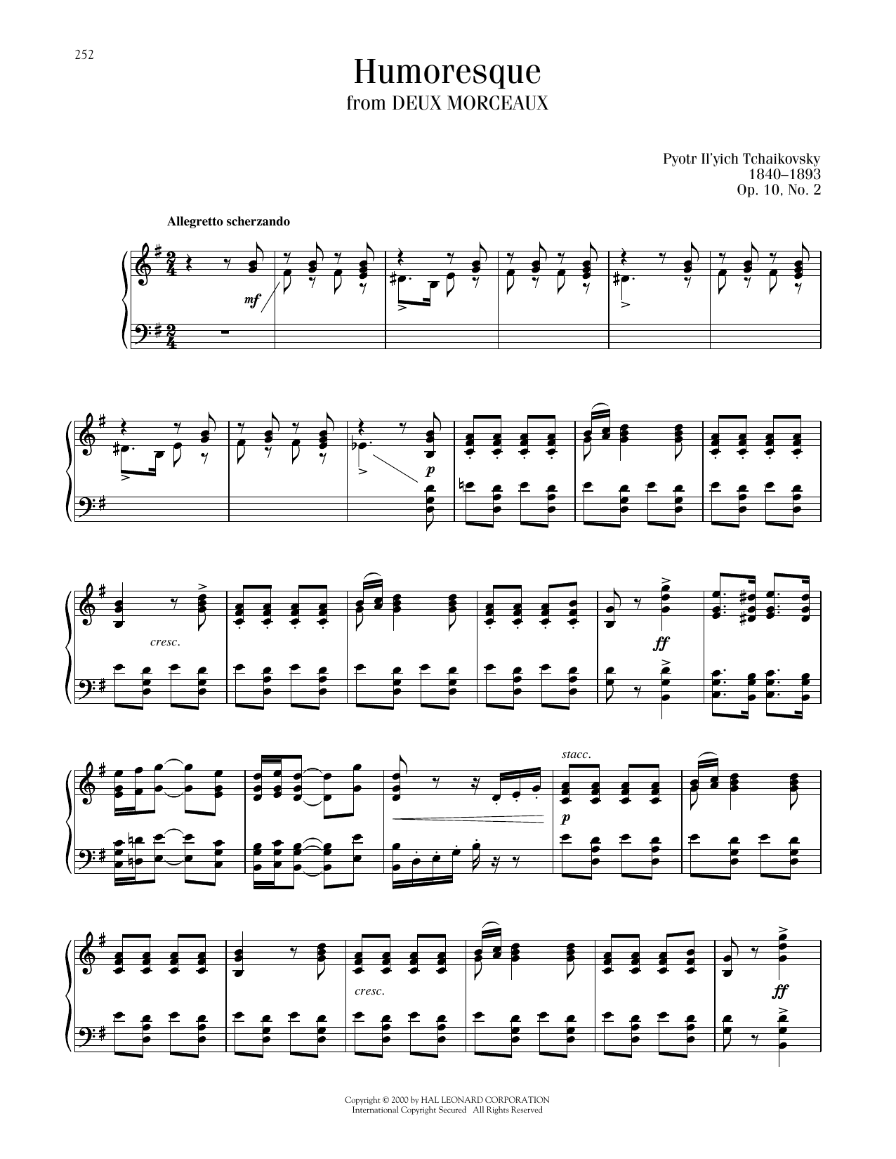 Pyotr Il'yich Tchaikovsky Humoresque, Op. 10, No. 2 sheet music notes and chords arranged for Piano Solo