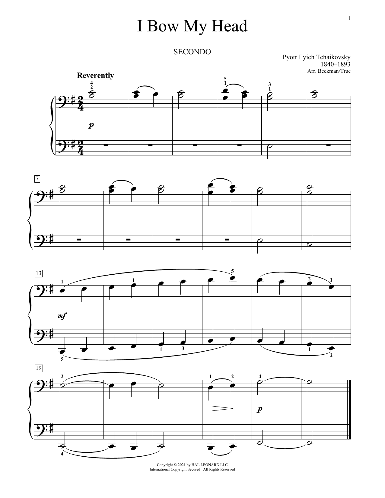 Pyotr Ilyich Tchaikovsky I Bow My Head sheet music notes and chords arranged for Piano Duet