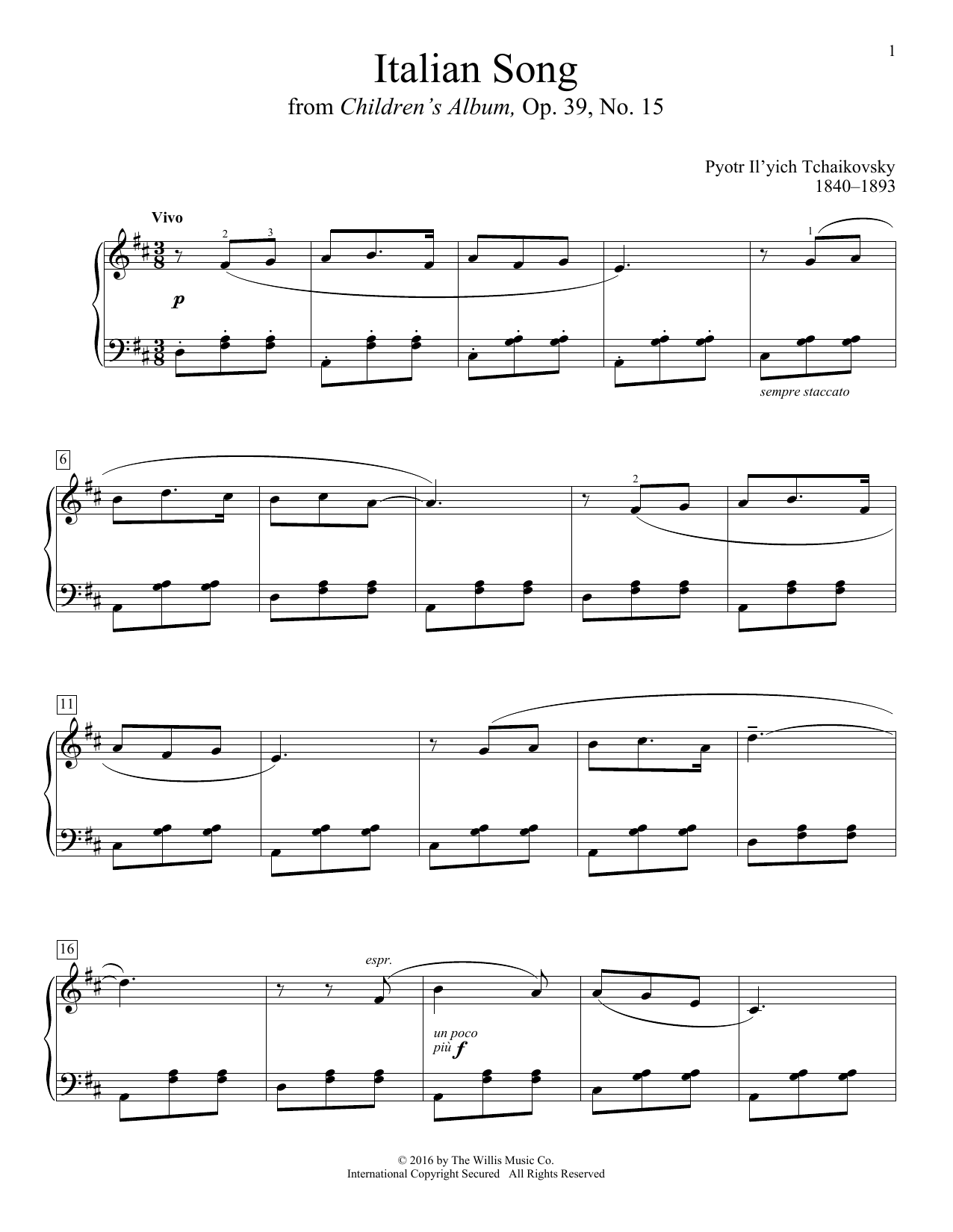 Pyotr Il'yich Tchaikovsky Italian Song sheet music notes and chords arranged for Educational Piano