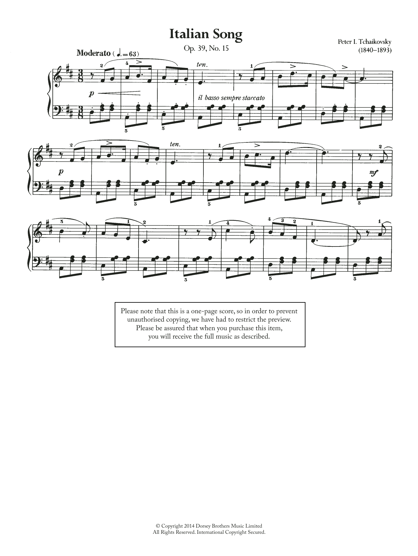 Pyotr Il'yich Tchaikovsky Italian Song, Op.39 No.15 sheet music notes and chords arranged for Piano Solo