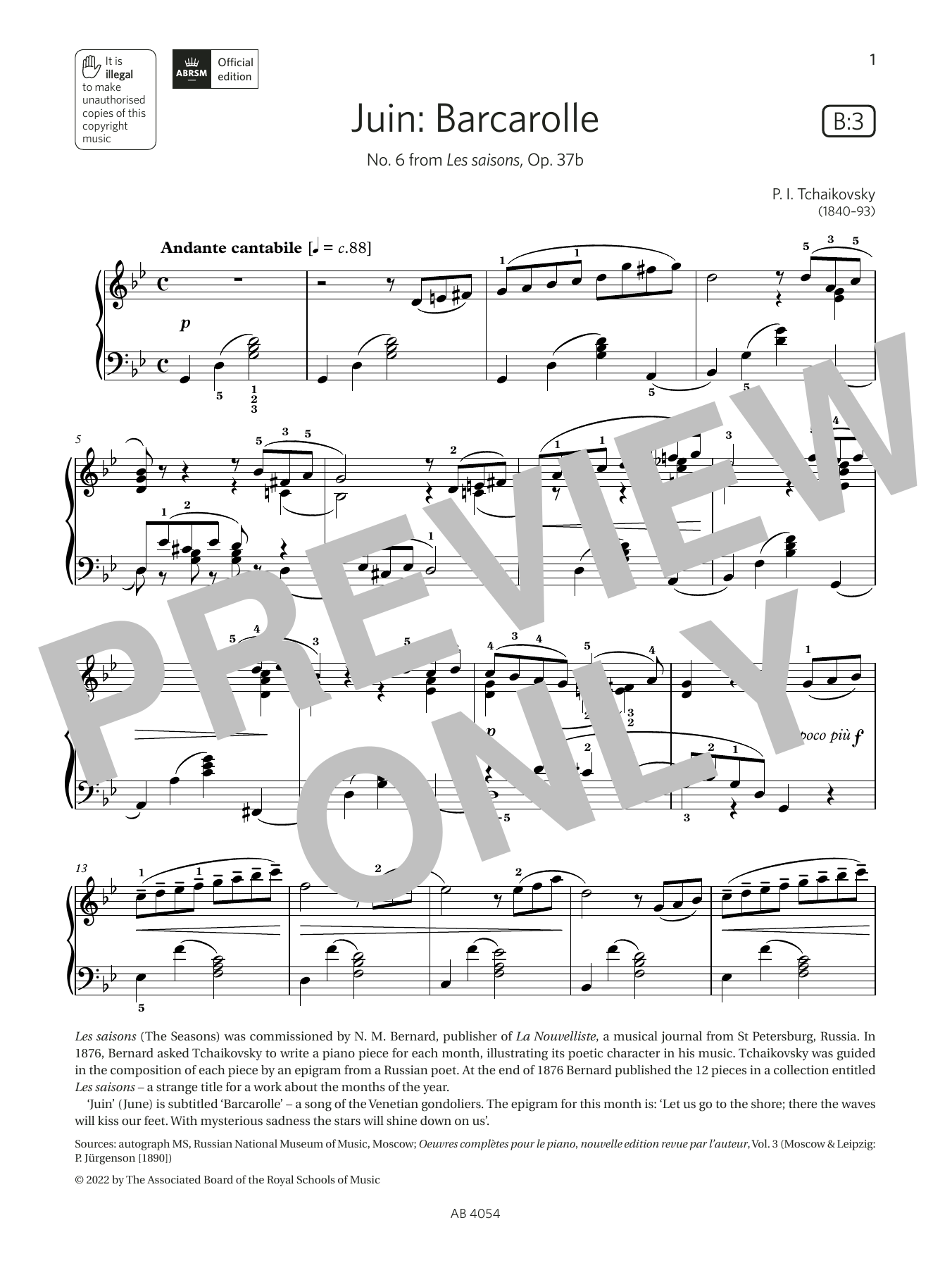 Pyotr Il'yich Tchaikovsky Juin: Barcarolle (Grade 8, list B3, from the ABRSM Piano Syllabus 2023 & 2024) sheet music notes and chords arranged for Piano Solo