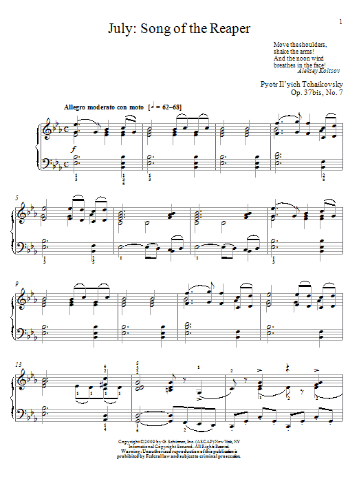 Pyotr Il'yich Tchaikovsky July: Song Of The Reaper sheet music notes and chords arranged for Piano Solo