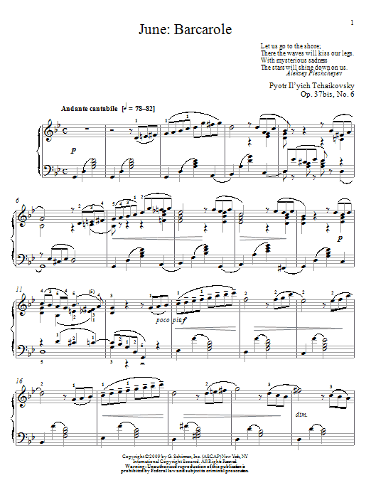 Pyotr Il'yich Tchaikovsky June: Barcarole sheet music notes and chords arranged for Piano Solo