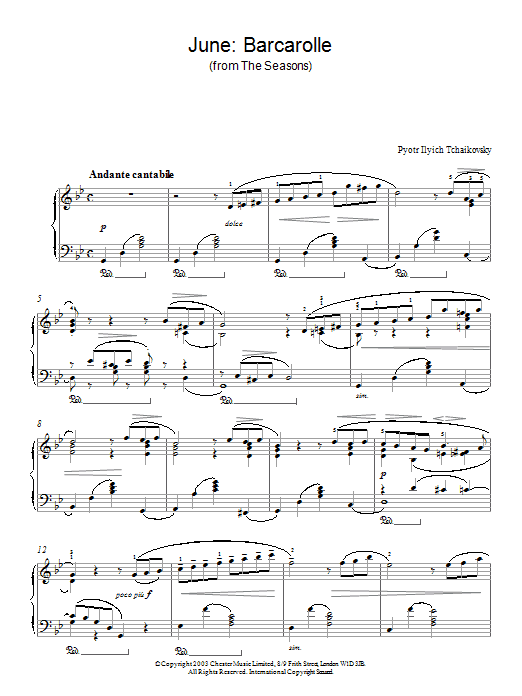 Pyotr Il'yich Tchaikovsky June: Barcarolle (from The Seasons) sheet music notes and chords arranged for Piano Solo