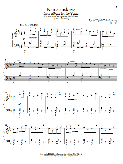 Pyotr Il'yich Tchaikovsky Kamarinskaya sheet music notes and chords arranged for Piano Solo