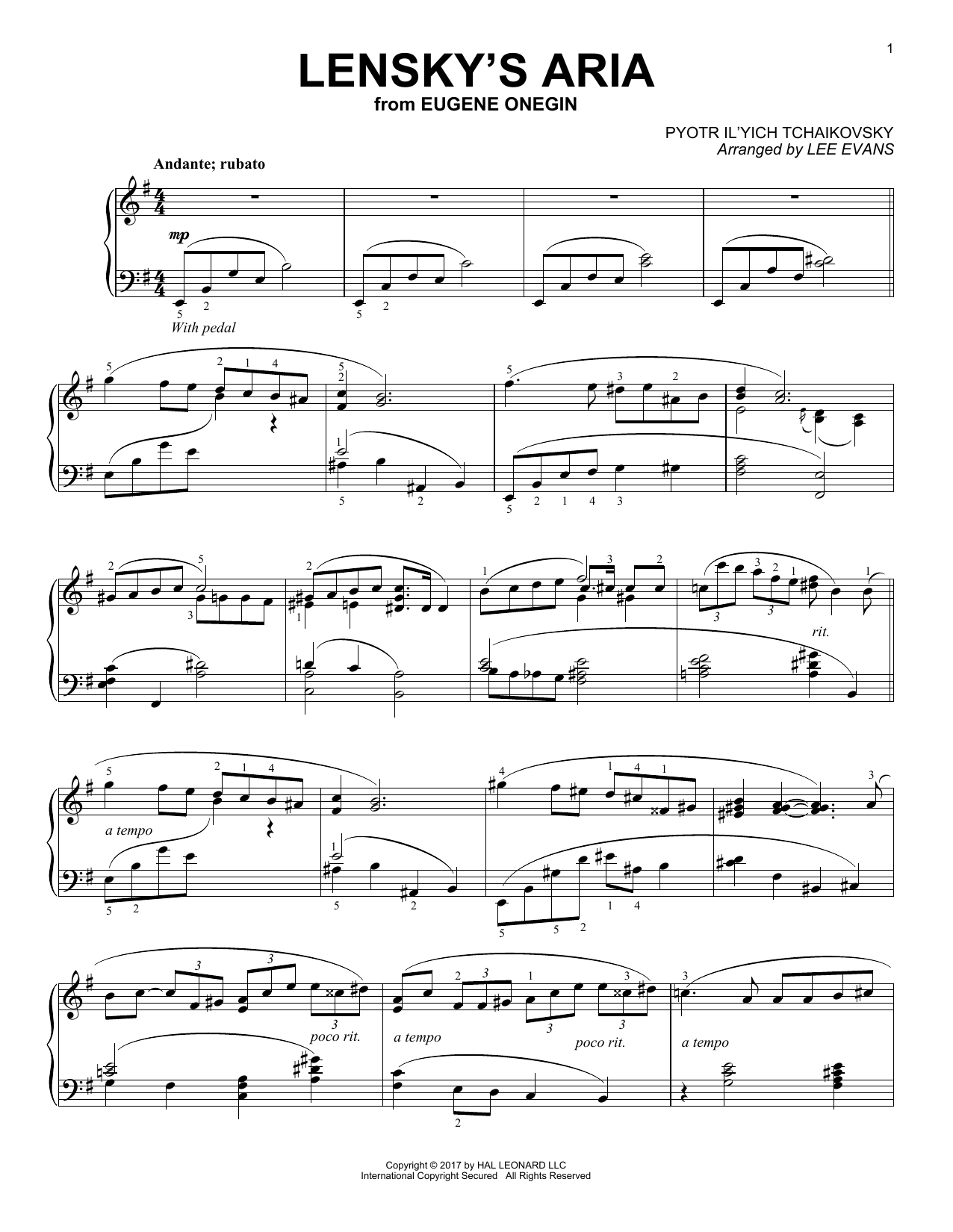 Pyotr Il'yich Tchaikovsky Lenski's Aria (arr. Lee Evans) sheet music notes and chords arranged for Piano Solo
