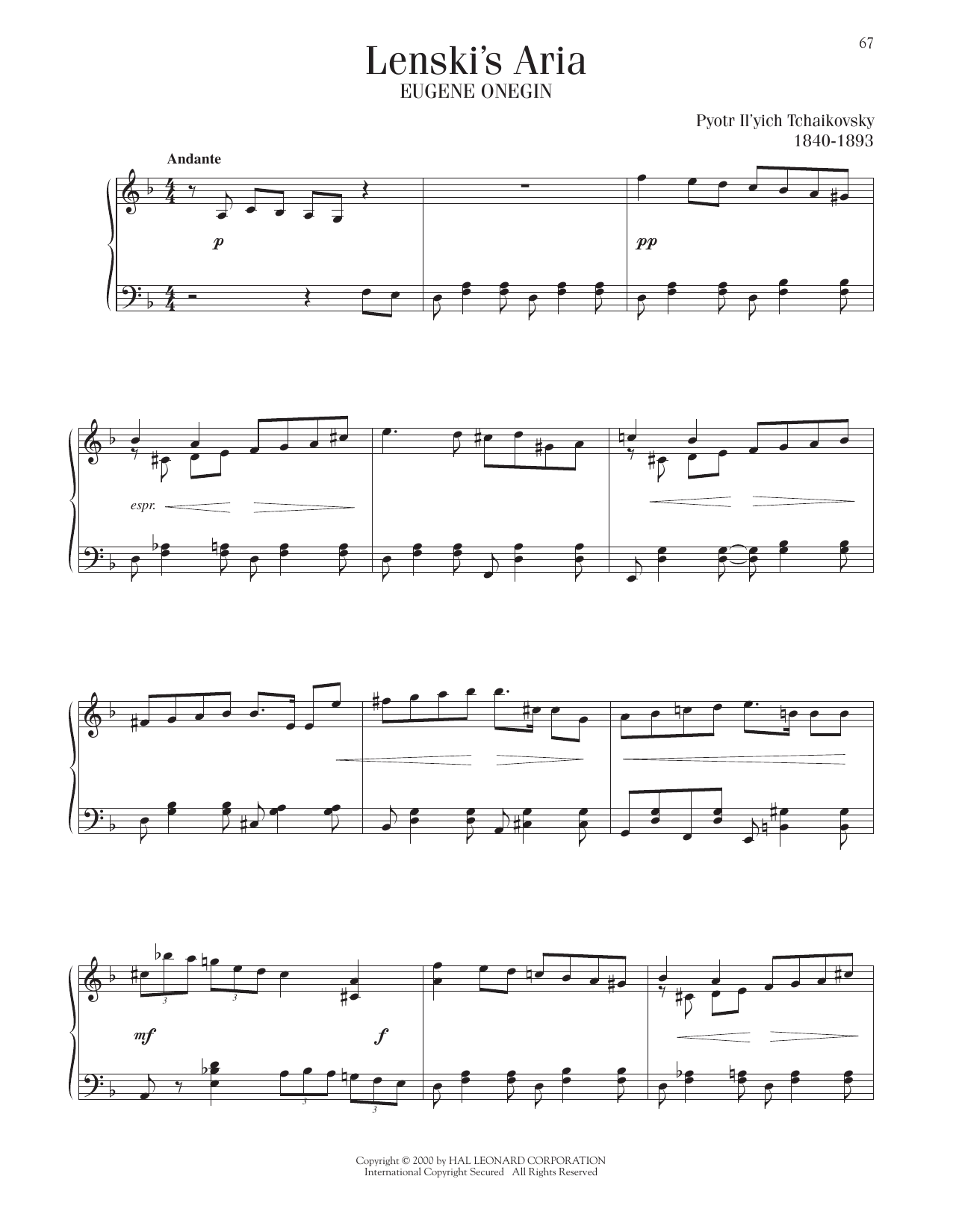 Pyotr Il'yich Tchaikovsky Lenski's Aria sheet music notes and chords arranged for Piano Solo