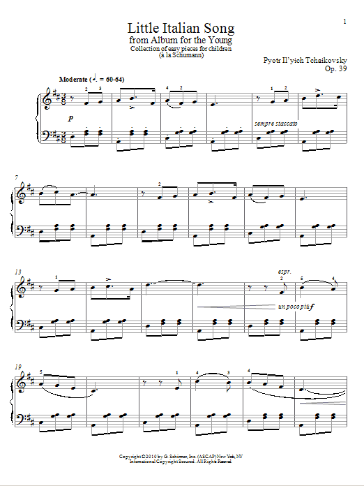 Pyotr Il'yich Tchaikovsky Little Italian Song sheet music notes and chords arranged for Piano Solo