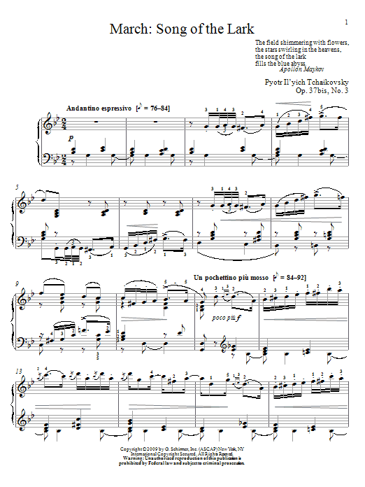 Pyotr Il'yich Tchaikovsky March: Song Of The Lark sheet music notes and chords arranged for Piano Solo