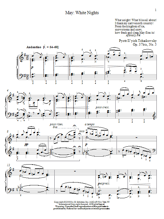 Pyotr Il'yich Tchaikovsky May: White Nights sheet music notes and chords arranged for Piano Solo