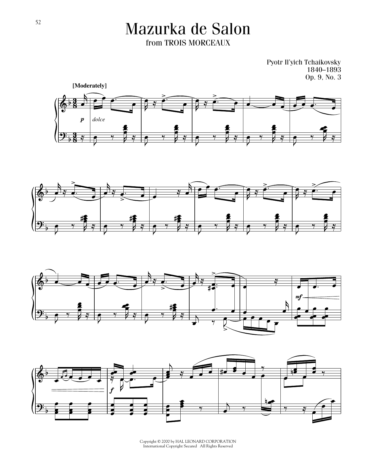 Pyotr Il'yich Tchaikovsky Mazurka De Salon, Op. 9, No. 3 sheet music notes and chords arranged for Piano Solo