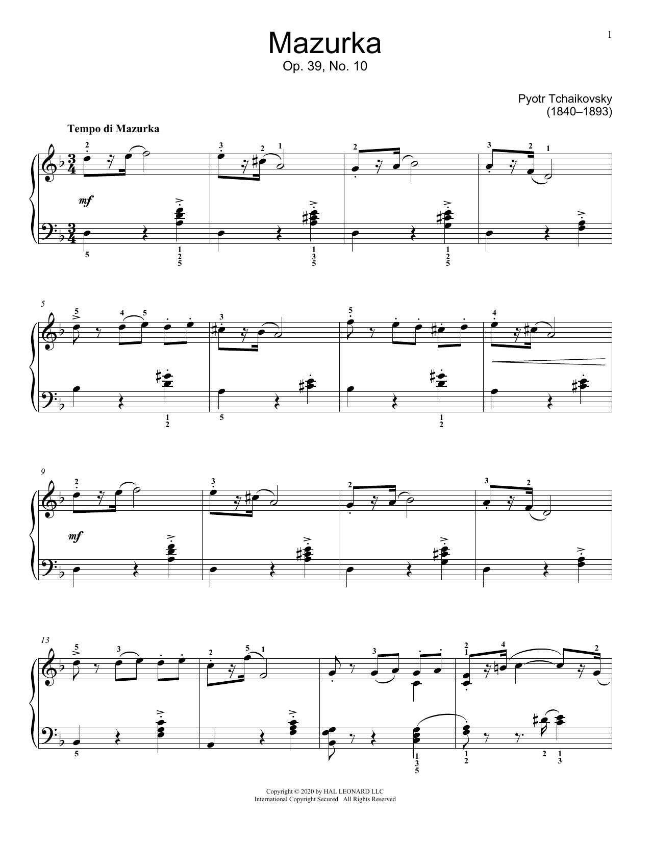 Pyotr Il'yich Tchaikovsky Mazurka In D Minor, Op. 39, No. 10 sheet music notes and chords arranged for Educational Piano