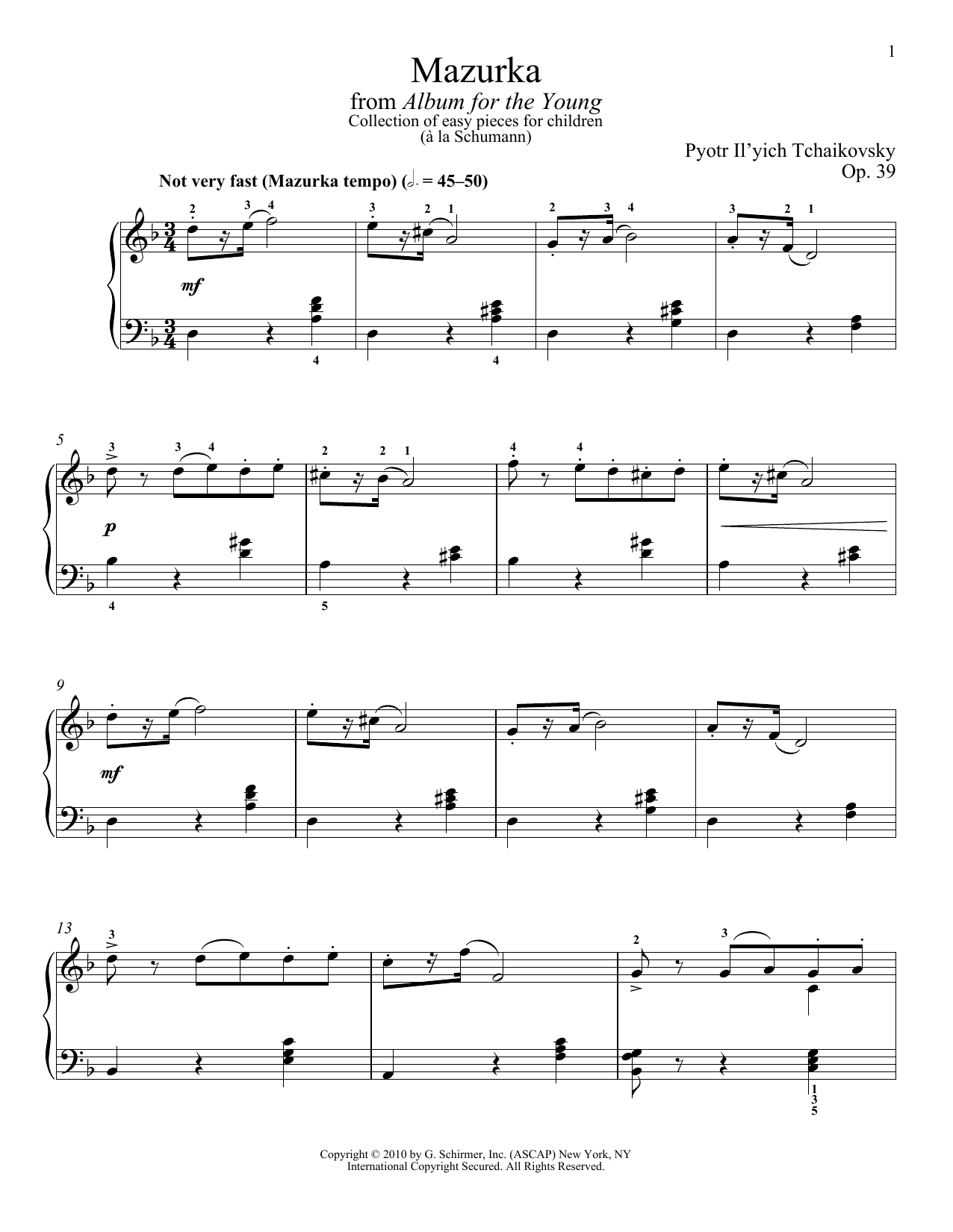Pyotr Il'yich Tchaikovsky Mazurka sheet music notes and chords arranged for Piano Solo