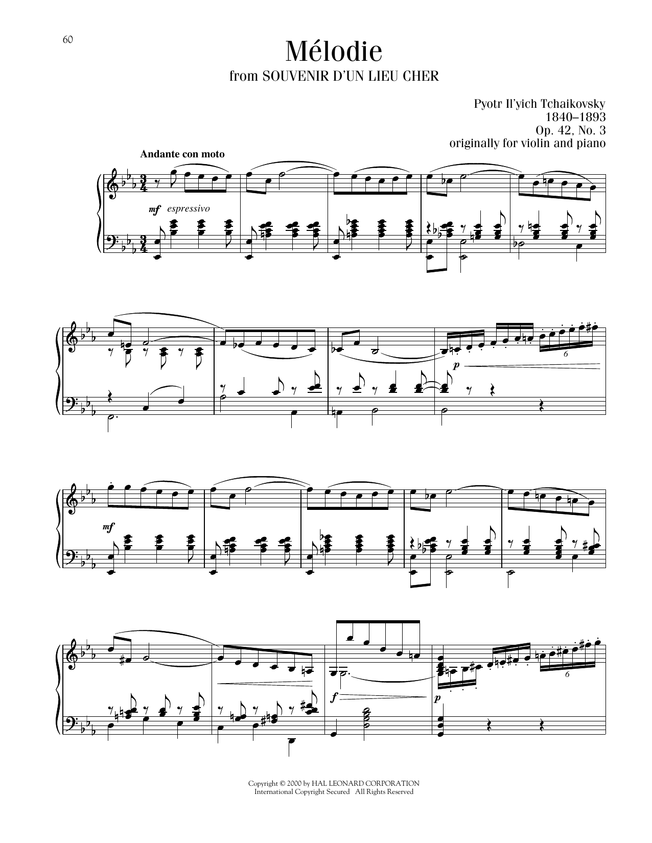 Pyotr Il'yich Tchaikovsky Melodie, Op. 42, No. 3 sheet music notes and chords arranged for Piano Solo
