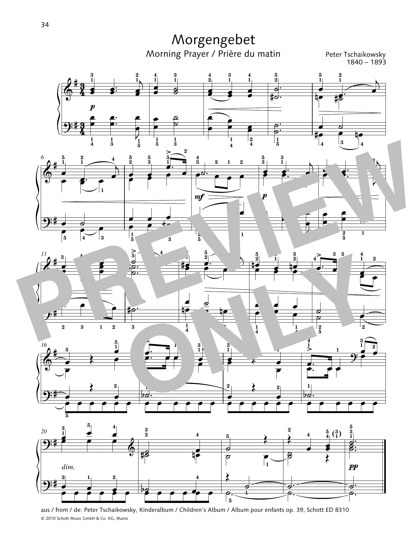 Pyotr Il'yich Tchaikovsky Morning Prayer sheet music notes and chords arranged for Piano Solo